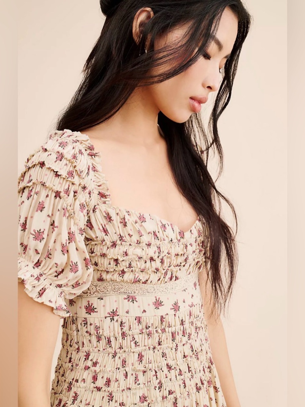Free People Bali Juniper Midi Dress Floral Smocked Puff Sleeve Size 6 - Picture 3 of 9